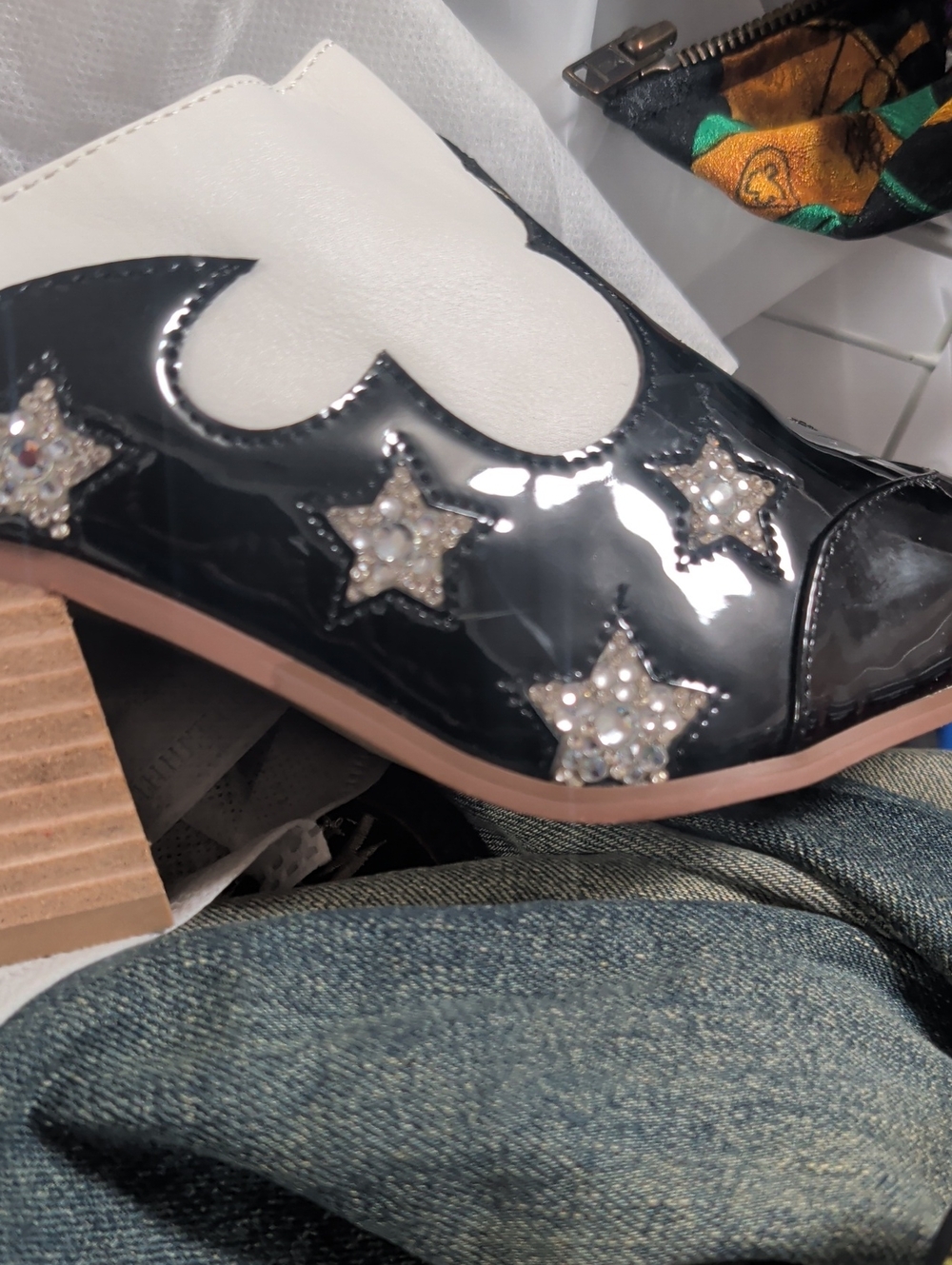 Betsey Johnson Black and White Patent Star Embellished Mules - Picture 5 of 5